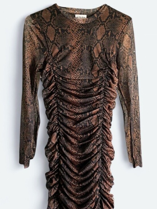 The Drop Dresses & Skirts - The Drop Women's Ruched Snake-Print Long Sleeve Dress - Brown/Black